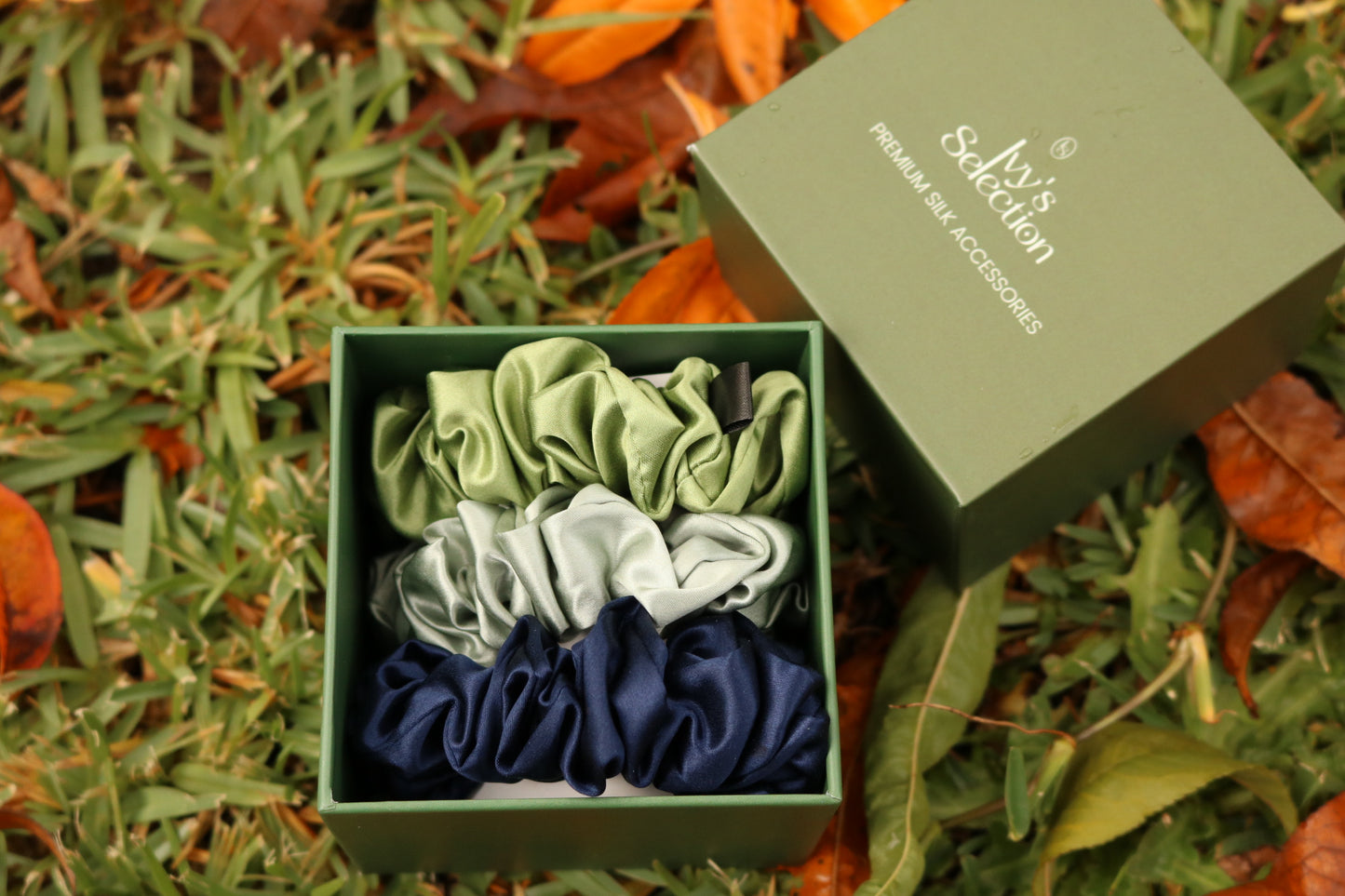 Large 100% Mulberry Silk Scrunchies | Sage, Navy Blue, Eggshell Blue | 22 Momme