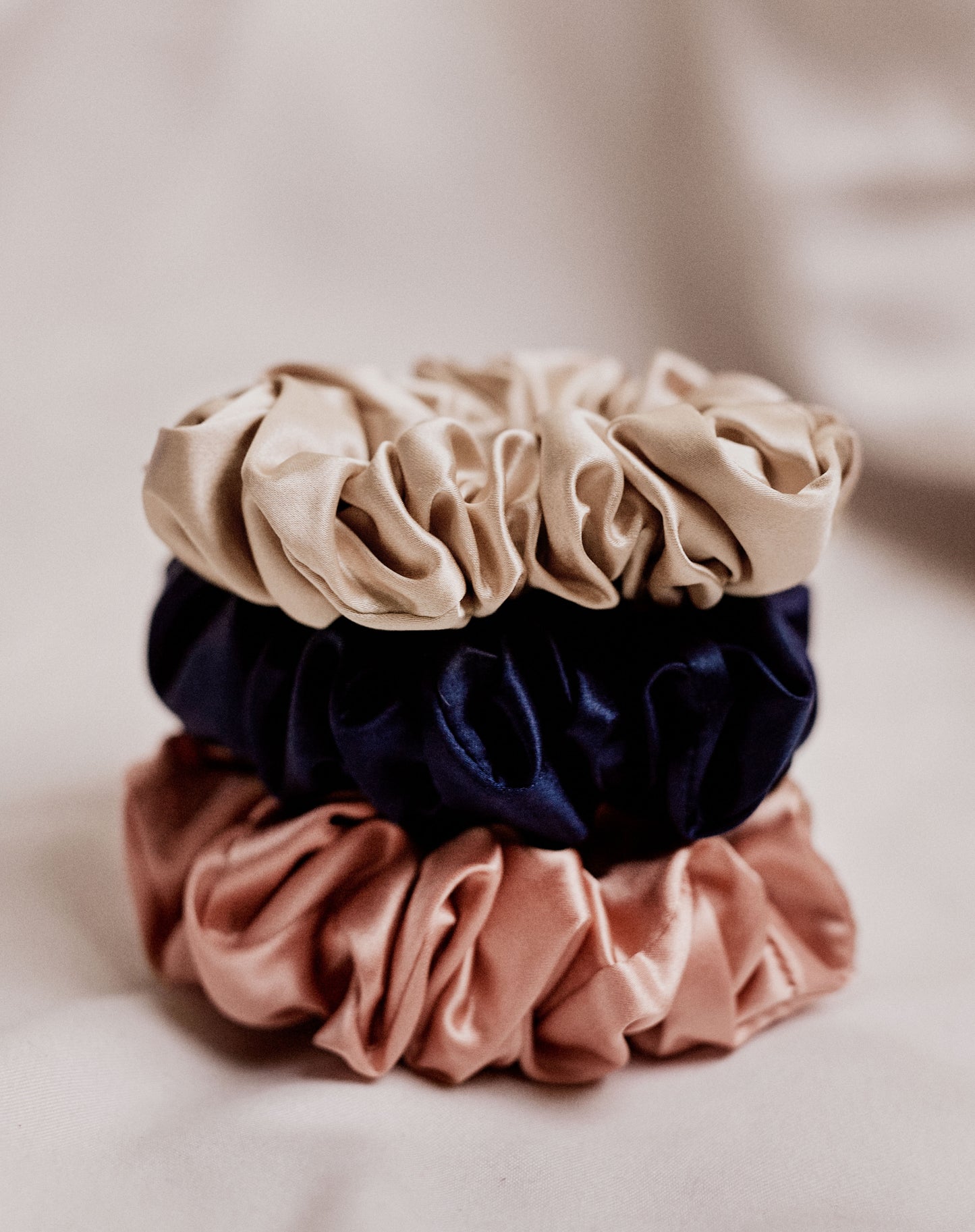 100% Large Mulberry Silk Scrunchies | Rose gold, Champagne & Navy blue | 22 momme