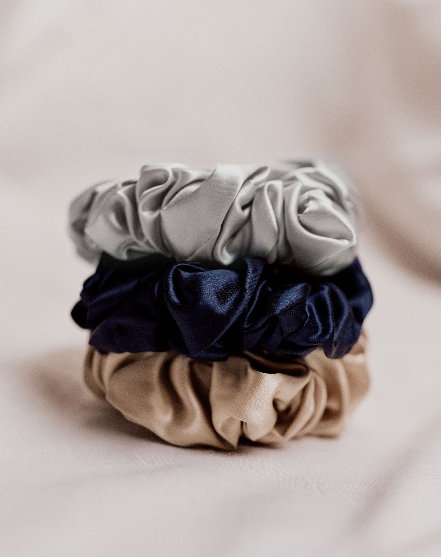 Large 100% Mulberry Silk Scrunchies  - Silver, champagne, Navy