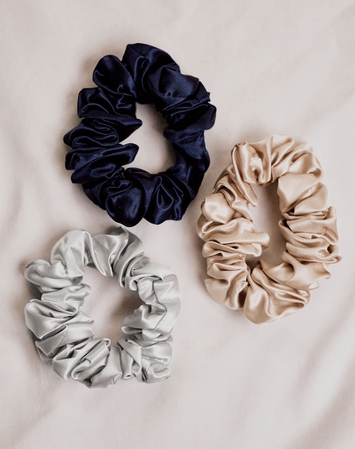 Large 100% Mulberry Silk Scrunchies  - Silver, champagne, Navy